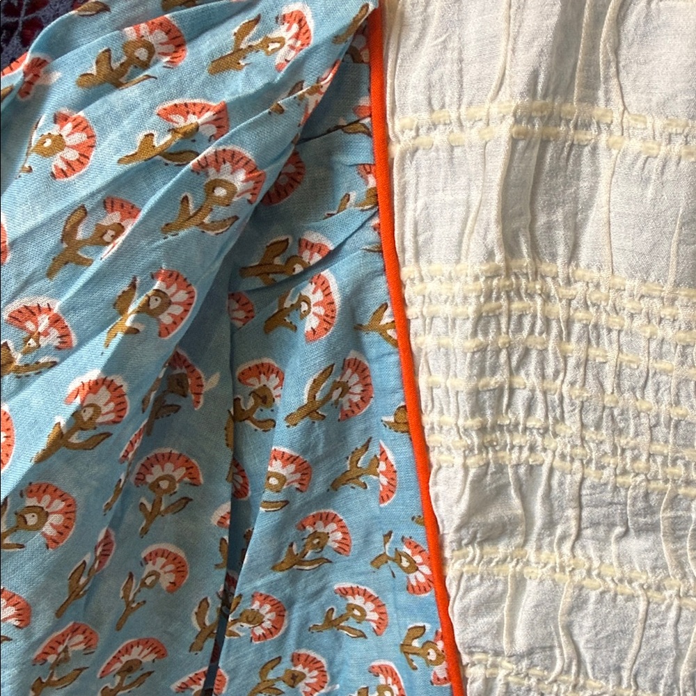 Blue Floral Print Women’s Dress with Orange Trim